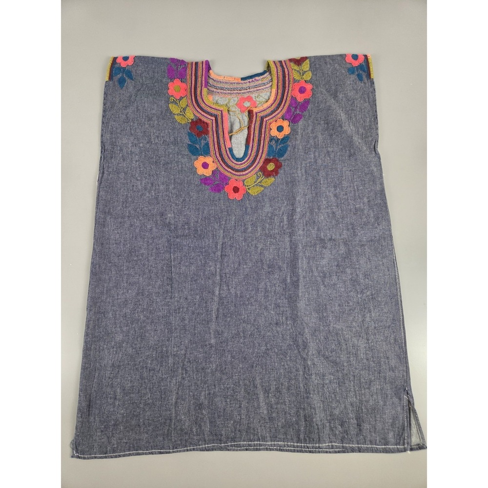 Vtg Embroidered Lightweight Denim Huipil Poncho Blouse Boho Floral Tunic One Sz‎